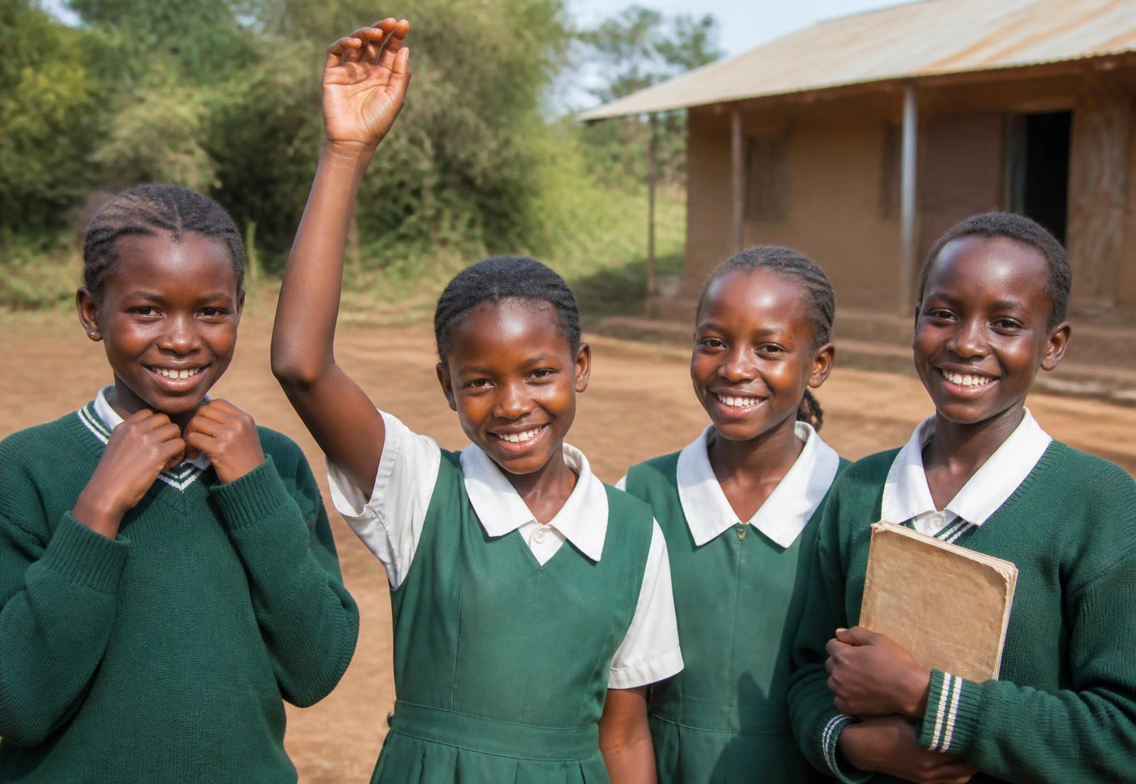 Confident Kenyan schoolgirls in green and white uniforms, one holding a book and another raising her hand, in a rural school setting