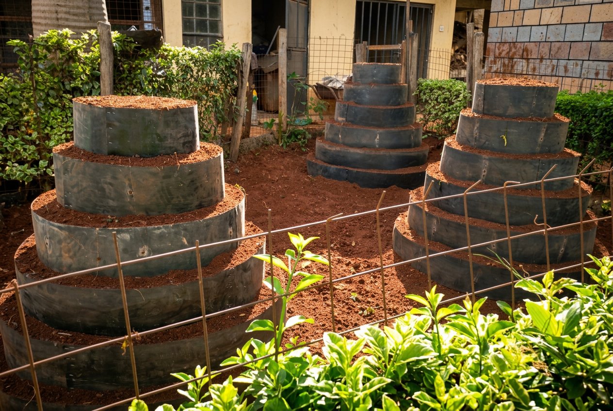 Tiered circular garden planters filled with rich reddish-brown soil in a sustainable agriculture project in rural Kenya